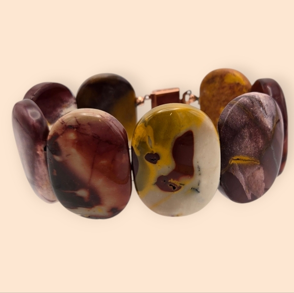 EUC Mookaite Oval Stone Chunky Bracelet Copper Filigree Clasp Jasper